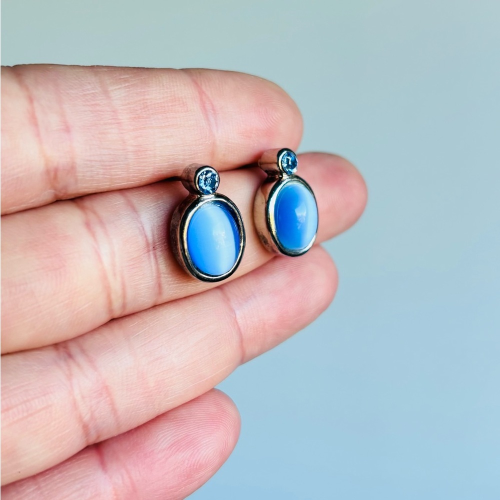 Vintage 925 Silver Blue Tiger Eye Stone Cubic Zirconia Earrings 10 grams